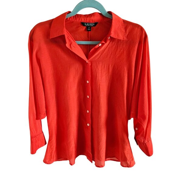 Lauren Ralph Lauren Tops - Lauren Ralph Lauren Woman Size 10 Tomato Red Silk Blend Blouse Lt Weight Modern
